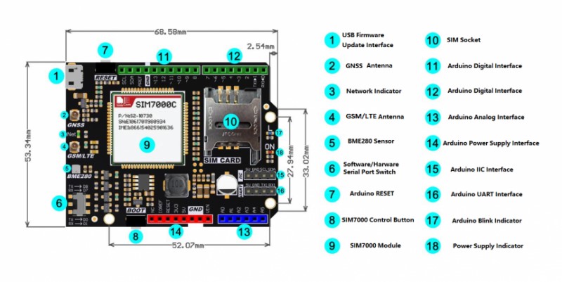 Arduino SIM7000C NB-IoT/LTE/GPRS 4G 通訊擴展板