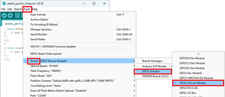 Arduino IDE 選擇 ESP32 Wrover 模組