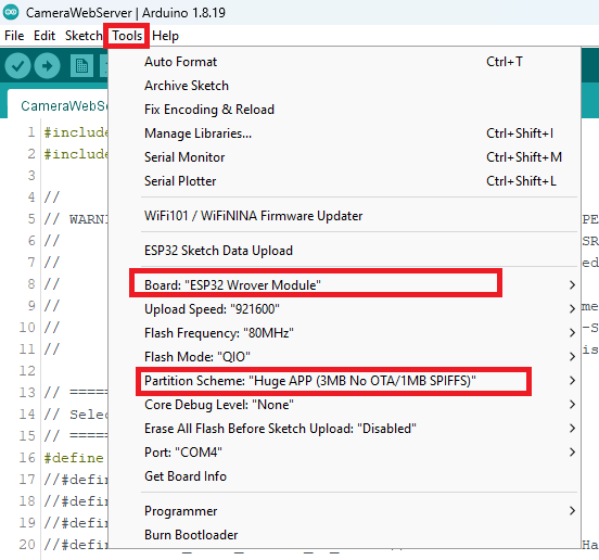 Freenove ESP32-Wrover CAM 的 Arduino IDE 板選擇